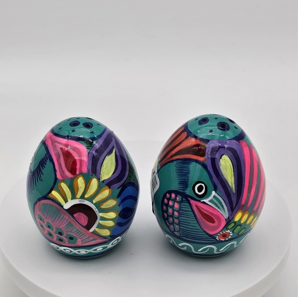 Talavera Salt And Pepper Shakers Hand Made In Mexico Peacock Colorful Blue Green - Picture 3 of 7